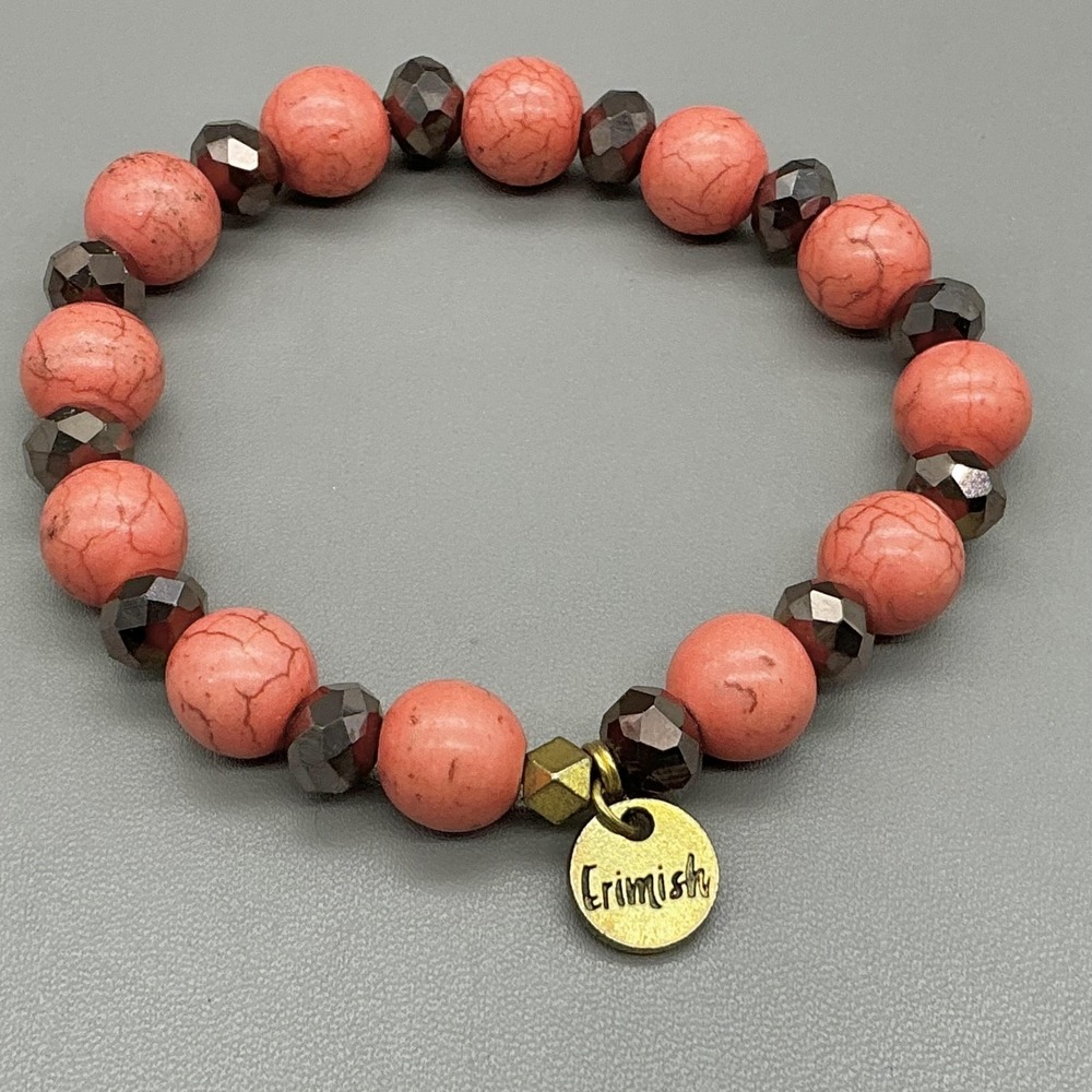 Erimish Bracelet Pink Stone Beaded Stretch Gold Tone Charm Womens‎ Boho 6 Inch